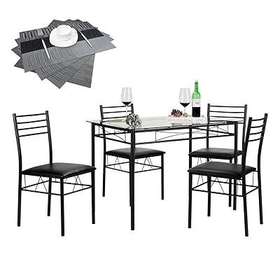 VECELO Dining Table with 4 Chairs (4 Placemats Included, Black)