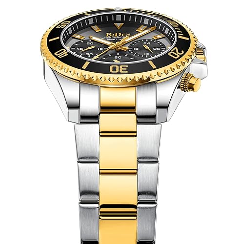 BIDEN Mens Watches Chronograph Diamond Gold Stainless Steel