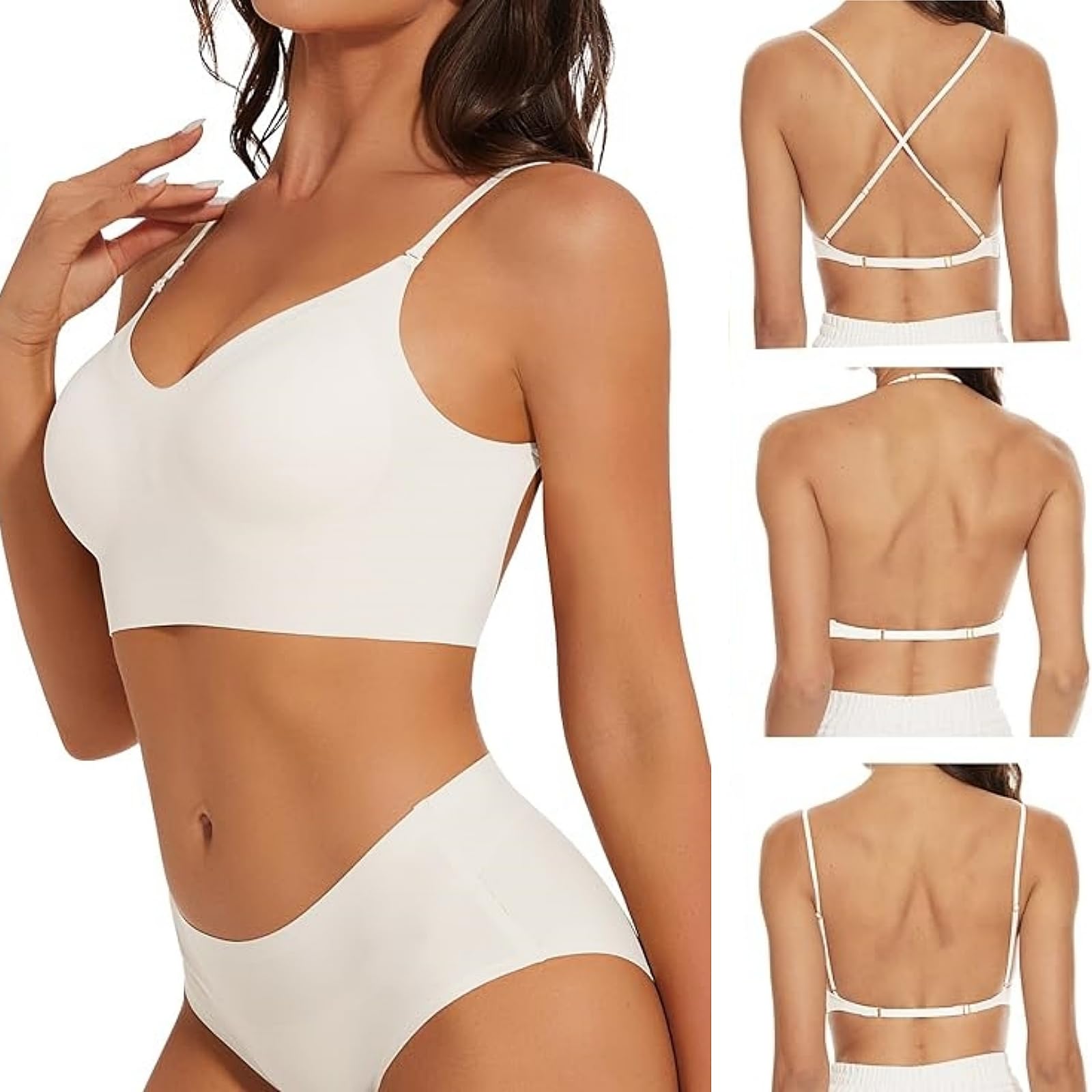 Photo 1 of Low Back Bra Seamless Soft Wireless Bra Convertible Padded Full Coverage Halter Backless Bra (US, Alpha, Medium, Regular, Regular, Nude)