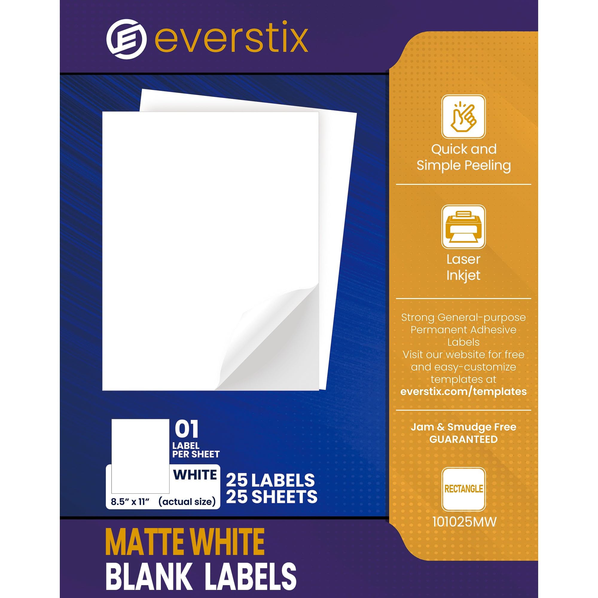 Photo 1 of 8.5" x 11", 25 Sheets, 25 Printable White Sticker Paper, Full Sheet Shipping Labels for Laser & Inkjet Printers, Letter Size