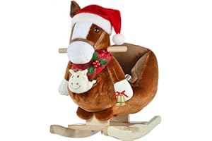 Qaba Kids Ride-On Rocking Horse Toy, Rocker with Lullaby Song, Hand Puppets & Soft Plush Fabric for Children 18-36 Months, Brown
