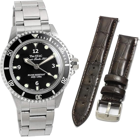 Amazon ザ スタック The Stac 日本製 国産 クラシック ダイバーズウォッチ ブラック 替えベルトセット ブラウンクロコ スイープセコンド 腕時計 メンズ 38mm Classic Scuba 0 メンズ腕時計 腕時計 通販