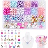 900pcs Mermaid Bracelet Making Kit for Women with Pearl Beads Starfish Shell Pink& Purple Mermaid Butterfly Beads for Jewelry Making Assorted Sizes 6mm 8mm Pendant Bracelet Necklace DIY Craft