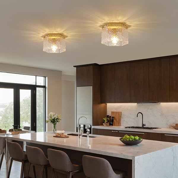 MWZ 1 PACK MODERN GOLD SEMI FLUSH MOUNT CEILING LIGHT FIXTURE WITH HAMMERED GLASS SHADE, 1-LIGHT 10” FARMHOUSE DIMMABLE FLUSH MOUNT LAMP WITH HEXAGONAL METAL CHASSIS FOR KITCHEN ISLAND LAUNDRY
