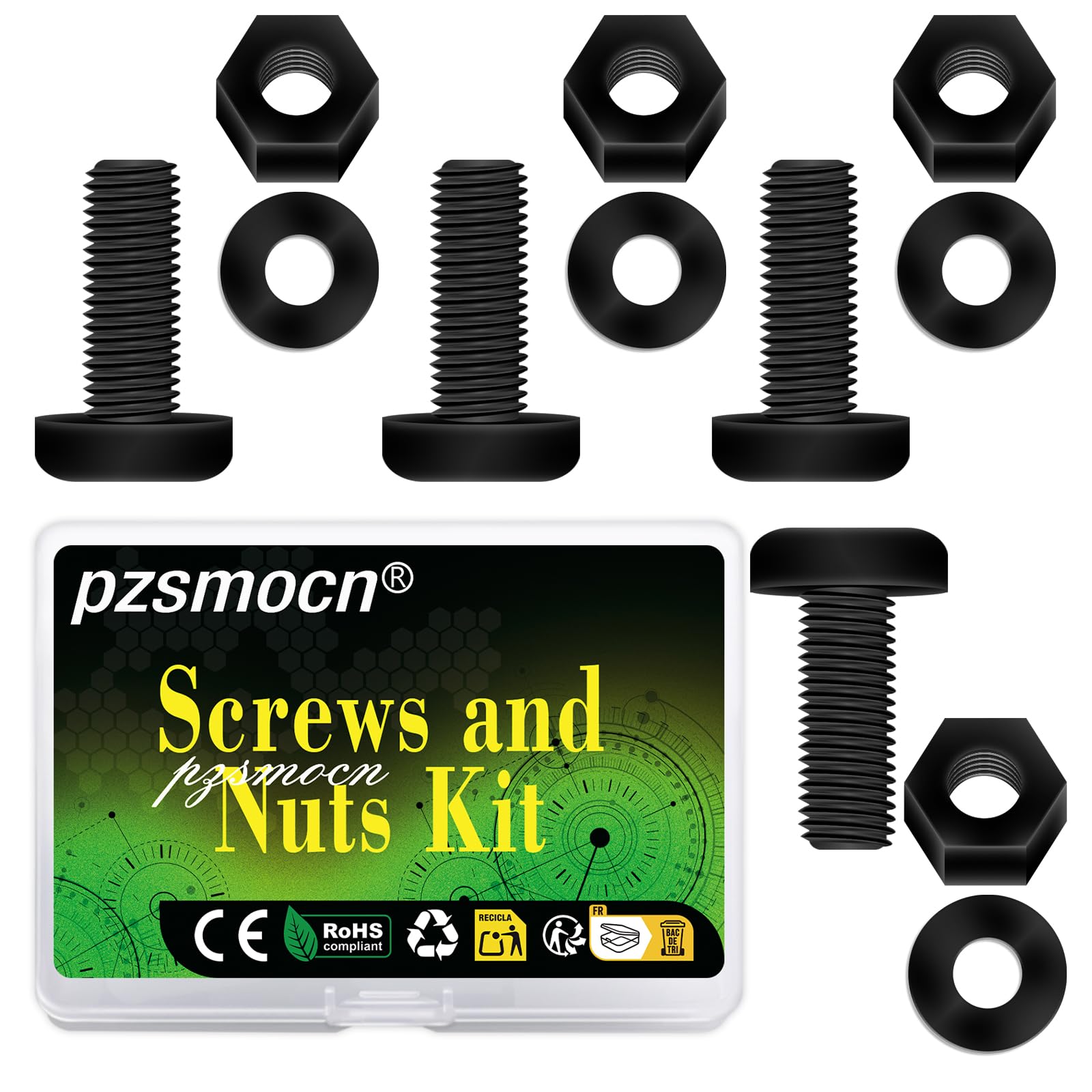 Pzsmocn 150 Pieces/50 Sets M5*15 mm Plastic Black Nylon Cross Round Head Screw Hexagonal Nut Combination Kit, with Insulating Washers, Standard Size, For DIY and Electronic Assembly. — image 1