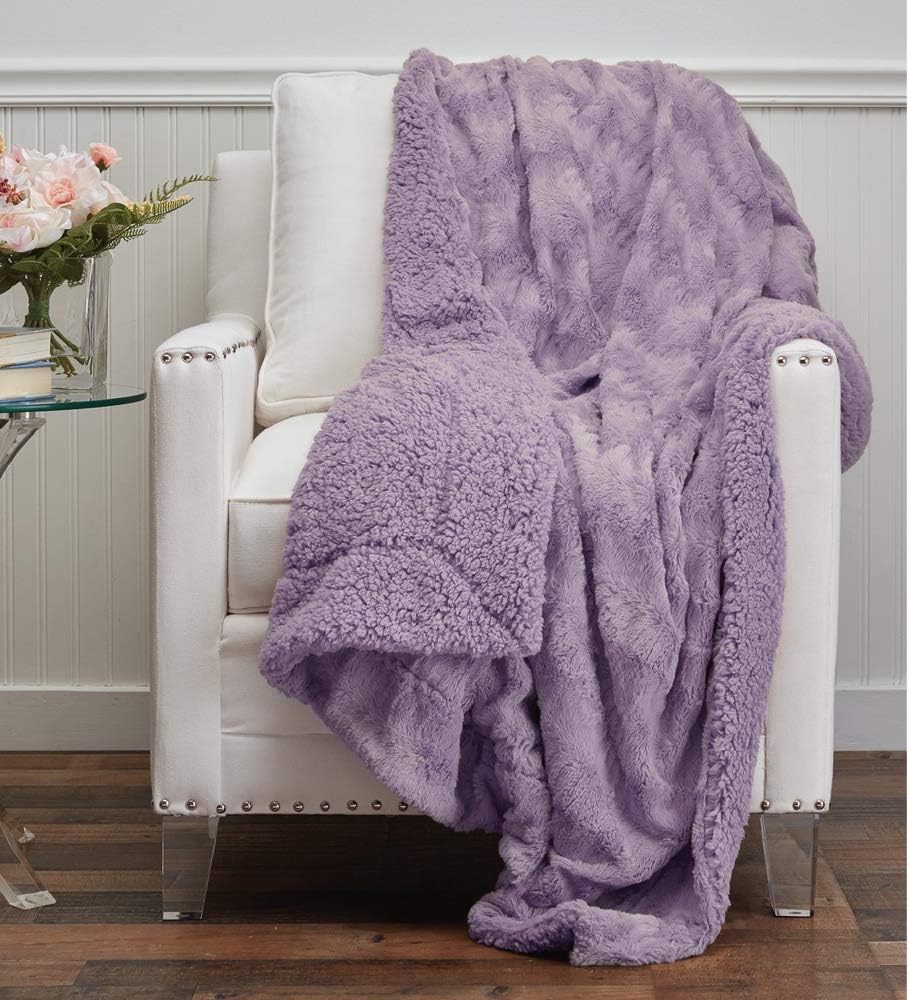 The Connecticut Home Company Faux Fur with Sherpa Reversible Throw Blanket, Many Colors, Super Soft, Large Plush Luxury Blankets, Warm Hypoallergenic Washable Couch or Bed Throws, 70x60, Purple