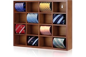 Wesiti Tie Box Organizer Wall Mounted Tie Rack with 16 Compartments Bamboo Belt Holder for Men Scarf Necktie Home Wall Closet (Dark Brown Color,1 Piece)