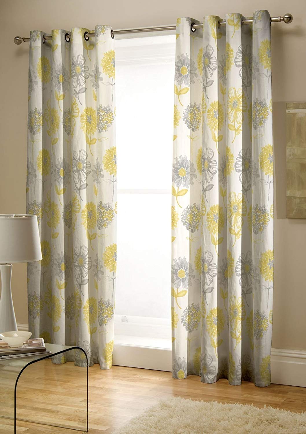 Catherine Lansfield Banbury Floral Easy Care Curtains, Polyester-Cotton, Yellow, 183 x 168 x 0.5 cm