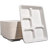 Eland Compostable plates with compartment, 5 Compartment Plates Disposable Heavy Duty, Food trays disposable. School Lunch Tray, Plate Dividers, No PFAS, 100-Pack-White Color 10.25"x 8.25"