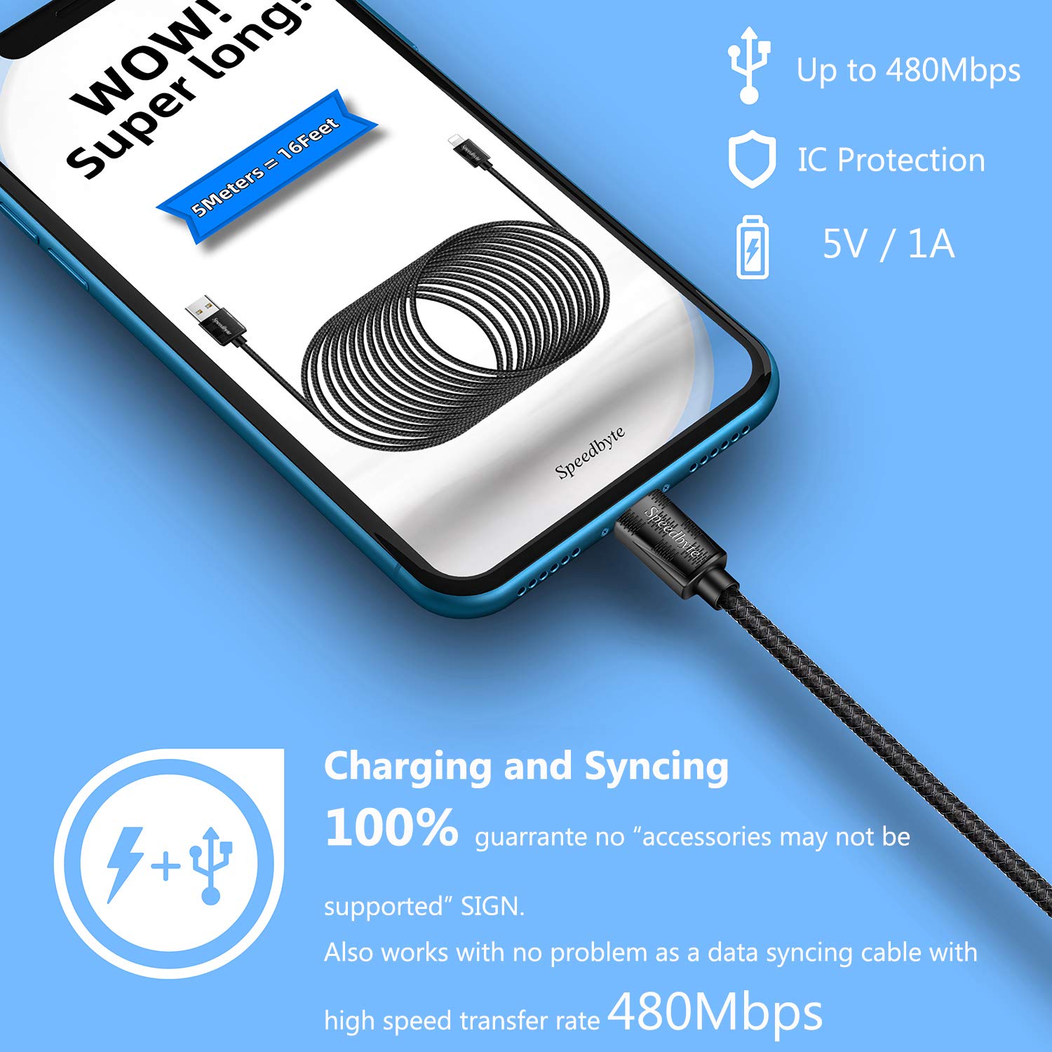 5M Charger Cable，16FT Nylon Fishnet Braided Super-long Charge Cord USB Cable with Zinc Alloy Connector Compatible with Phone 11/11Pro/11ProMax/Xs/Max/XR/X/8/8Plus/7/7Plus/6S/6S Plus/5/5S/5C/SE/Pad/Pod