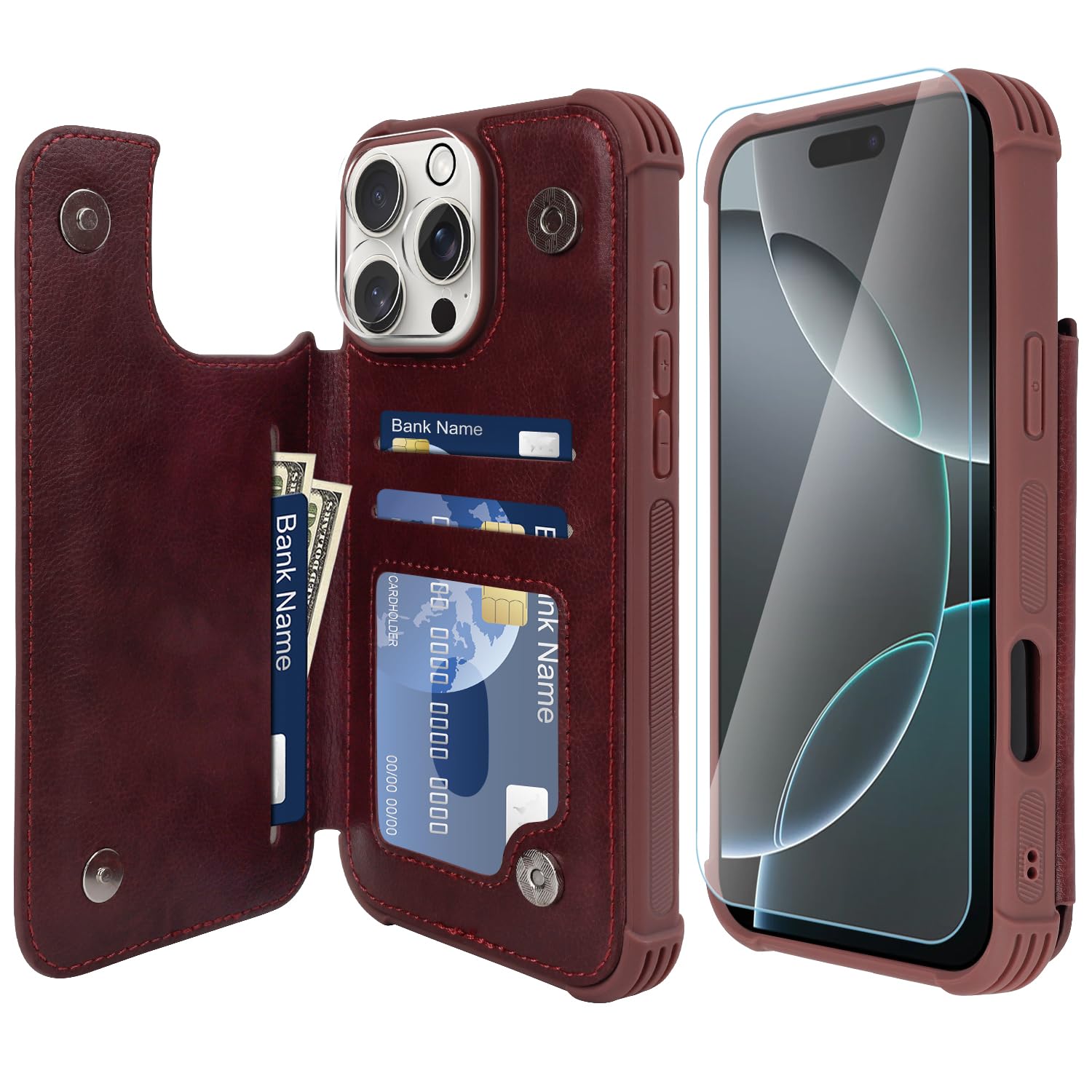 VANAVAGY Compatible for iPhone 16 Pro Max Wallet Casewith Credit Card Holder,Rfid Leather Flip Folio Cover Fits Magnetic Car Mount and Stand with Screen Camera Protector,Burgundy