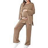 FMEYOA Womens Maternity Pajamas Sets 2 Piece Outfits Long Sleeve Tops and Pregnancy Loungewear Mama Clothes with Pockets