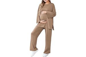 FMEYOA Womens Maternity Pajamas Sets 2 Piece Outfits Long Sleeve Tops and Pregnancy Loungewear Mama Clothes with Pockets