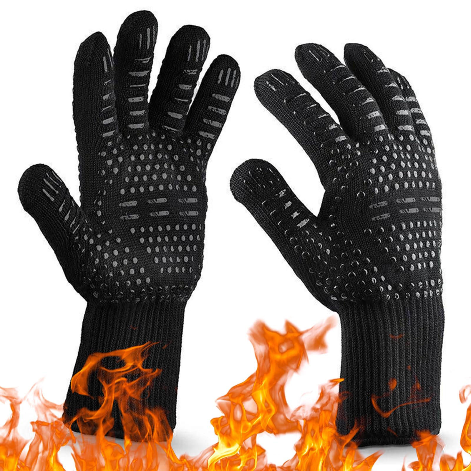 Long Wrist Heat Resistant Oven Mitts Up to 800°C / 1472°F - Non-Slip Silicone BBQ Gloves for Wood Burners, Cooking and Baking (2 Pieces)