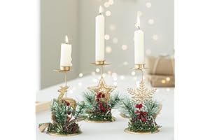 BEFANS Metal Christmas Candle Holders with Berries and Pine Cones - Set of 3 Table Centerpieces