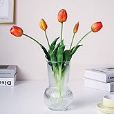 WAKISAKI 16-inch Premium Real Touch Fake Tulips, Artificial Flowers with Buds, Flexible Stem Easy to Shape, Faux Tulips (Vase not Included), 5-Pack Set of Sunset Orange