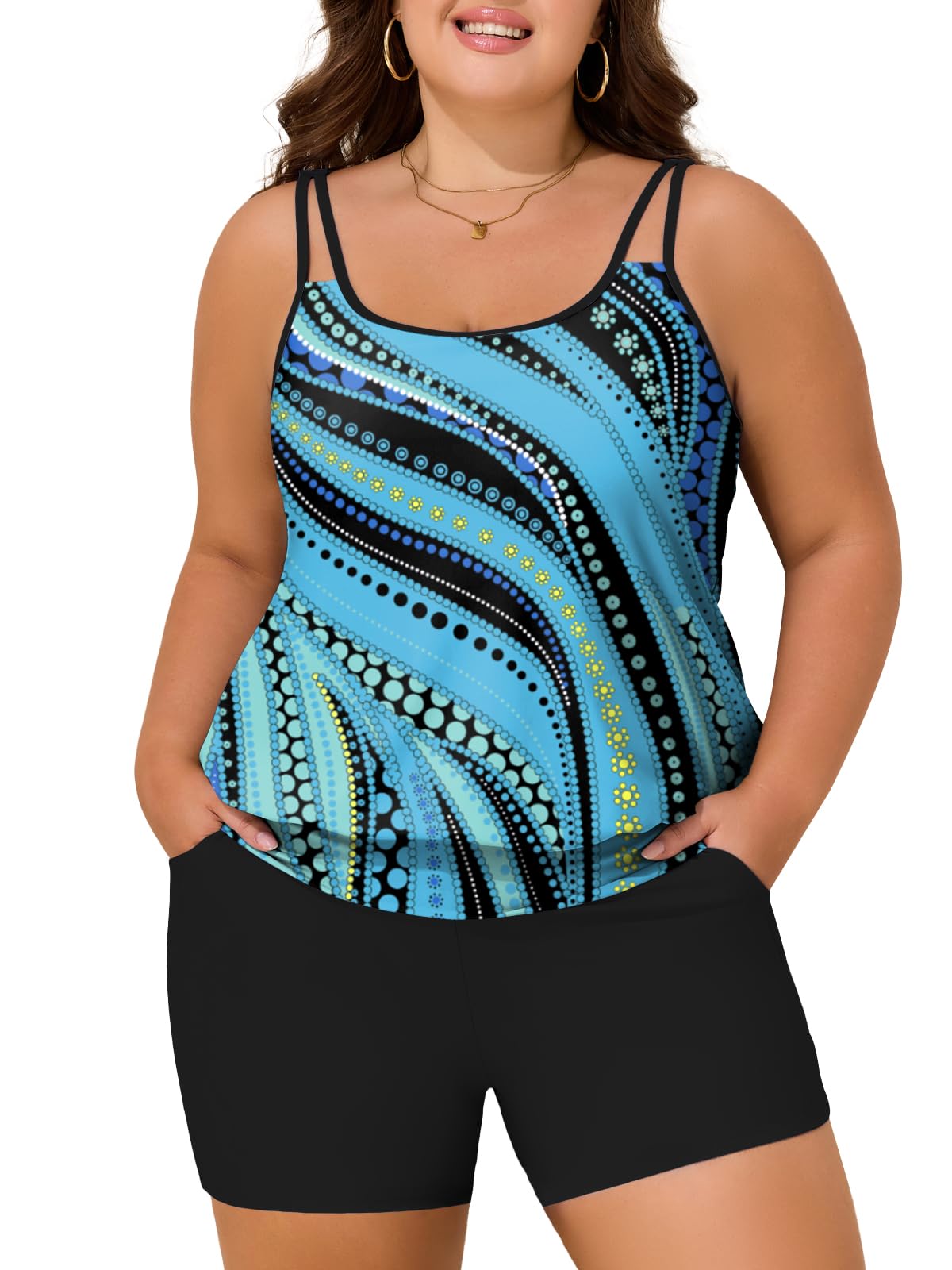 Photo 1 of Summer Mae Blouson Plus Size Women's Tankini Swimsuits Tummy Control Modest 2025 Two Piece with Sporty Pockets Bathing Suits Blue Pearl 18 Plus