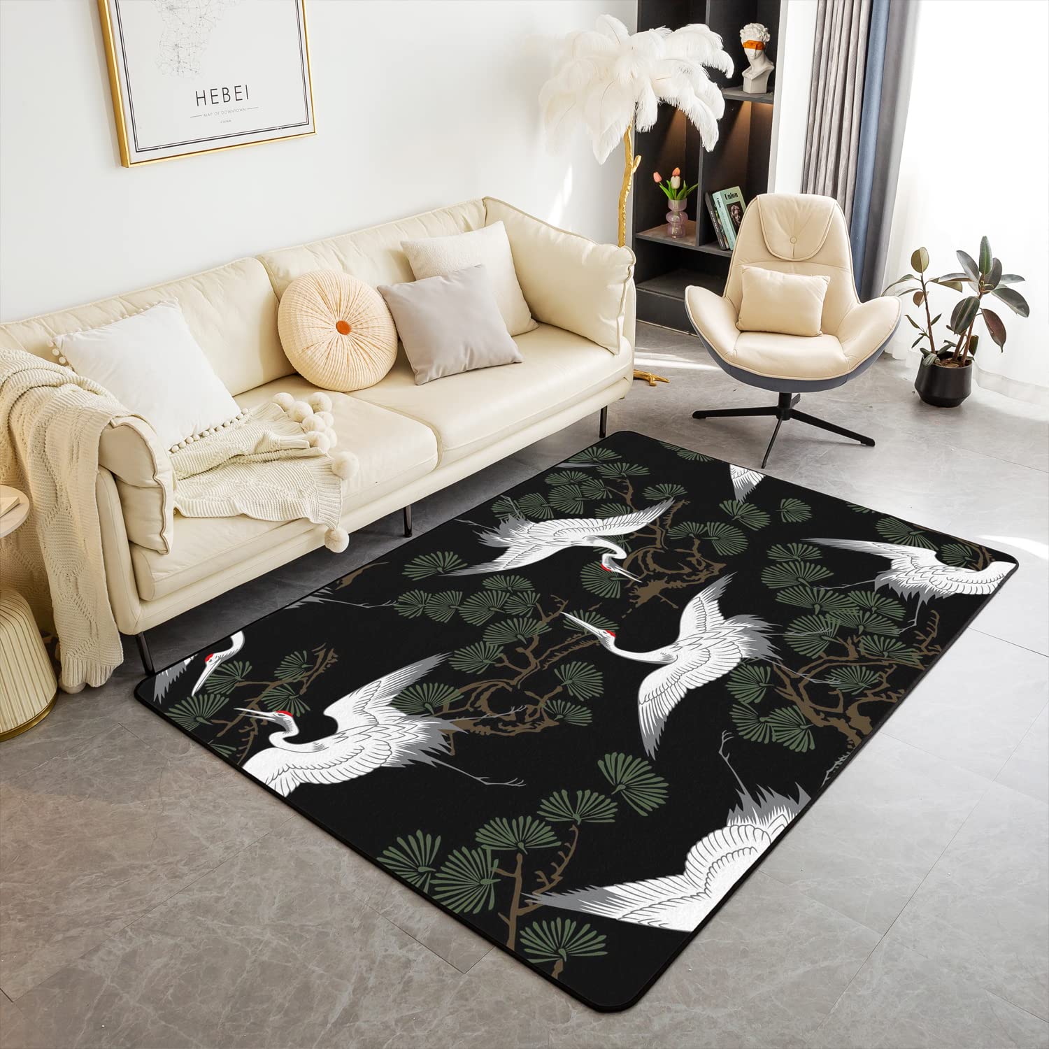Loussiesd Japanese Crane Area Rug Floor Mat Rugs for Living Room Bedroom Decor Fluffy Soft Flannal White Exotic Carpet Rug Carpet 100 * 150cm