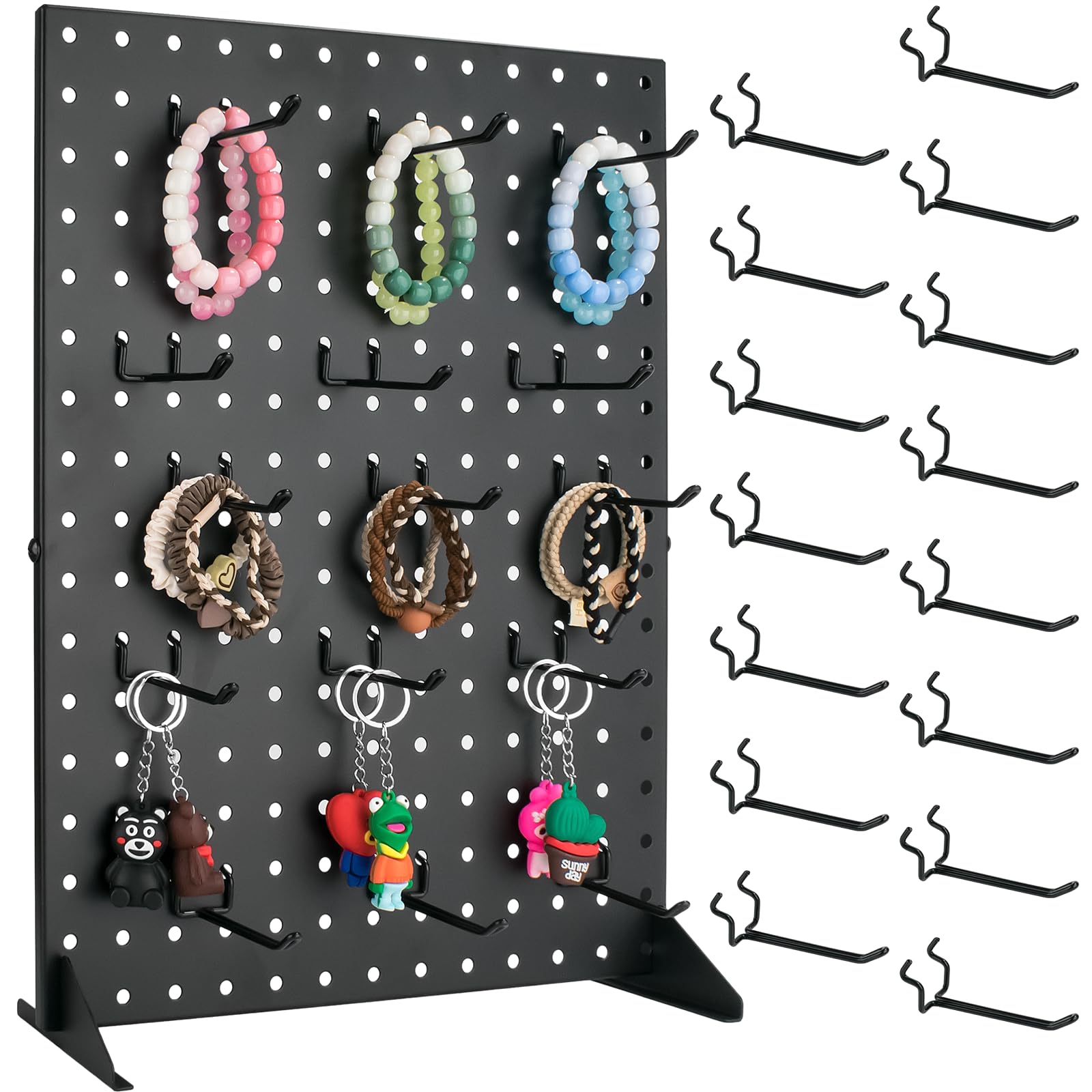 VACONICO Peg Board Display Stand with 15 Hooks, Desk Metal Pegboard Shelf for Craft Shows & Fairs, Retail Stores, Vendors Arts and Crafts Finishing - 17x13Inch & Black