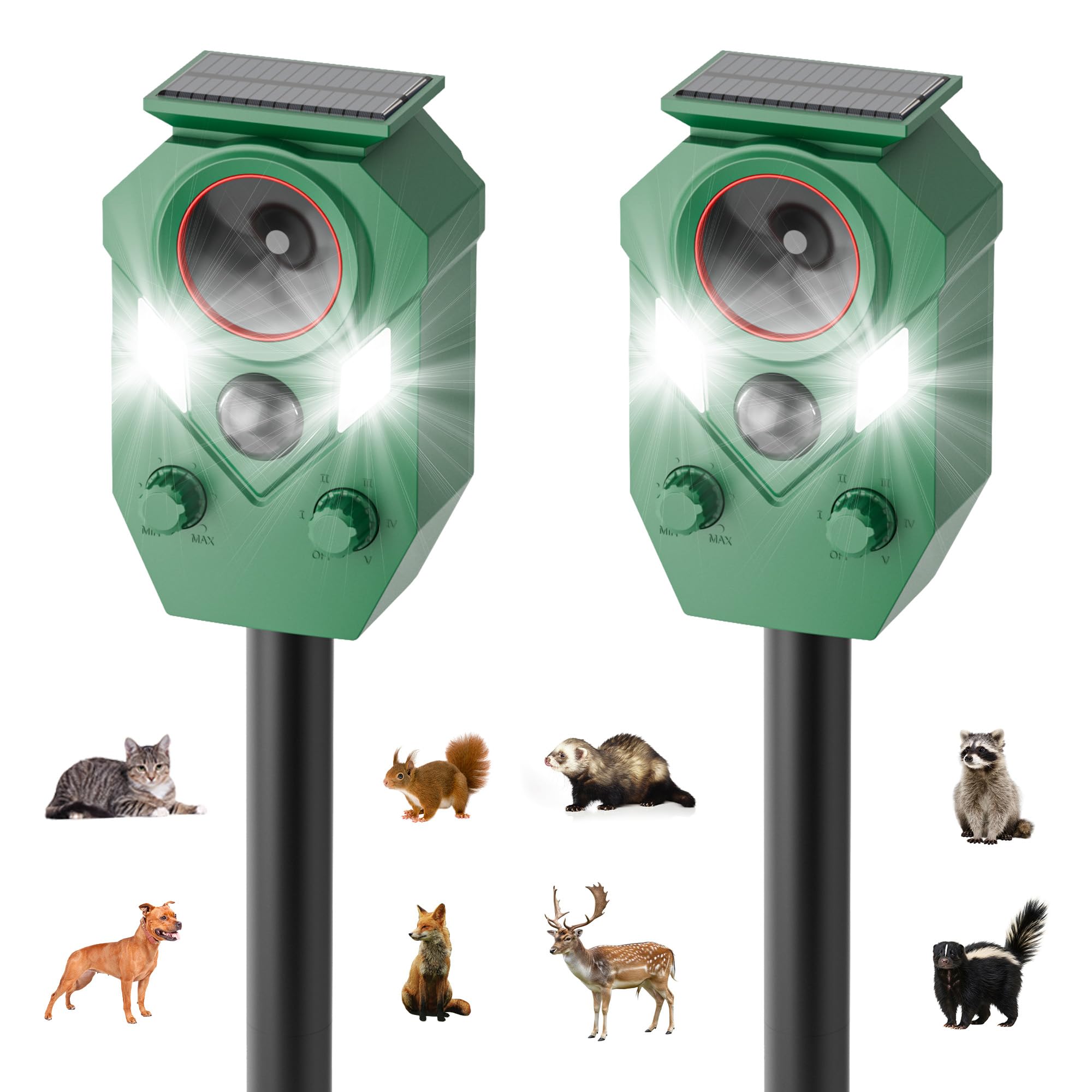 Photo 1 of 2-Pack Solar Powered Ultrasonic Animal Repeller, Outdoor Waterproof Deer Squirrel with Motion-Activated Sensor Strobe Light, for Cats, Raccoons, Skunks, Rabbits and More