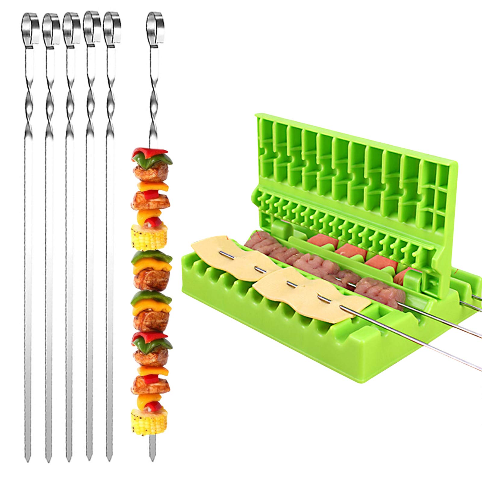 Elinala BBQ Skewers Stainless Steel, Skewer Device Machine, 20PCS Metal Flat Reusable Kebab and 1 Piece 3-in-1 Ulti-Function Barbecue Vegetables Meat Skewer Box (35CM)