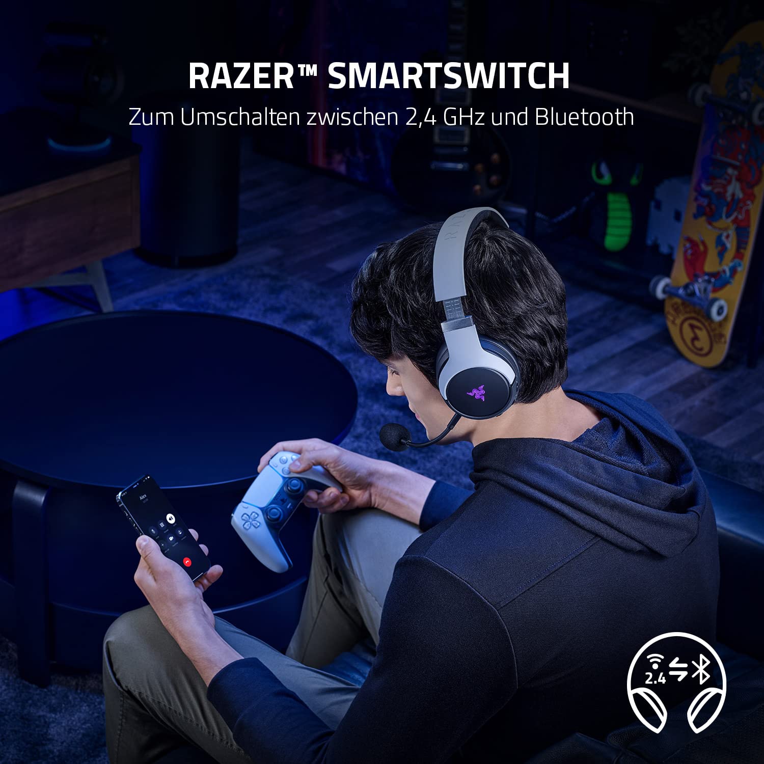 Razer Kaira Pro - Dual Wireless PlayStation 5 Headset mit Haptik HyperSense, 50 mm-Treiber, Hyperclear Kardioiden-Mikrofon, Lautstärkeregler, SmartSwitch, RGB Chroma Schwarz-Weiß 6