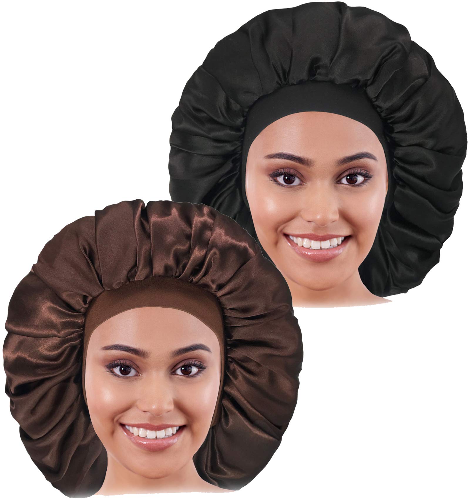 2PCS Large Satin Bonnet, Raibaubl Silk Bonnet With Elastic Soft Band, Big sleep cap For Women Hair Care, Jumbo Bonnet For Braids Natural Long Hair, Curly Hair (Black+Brown)