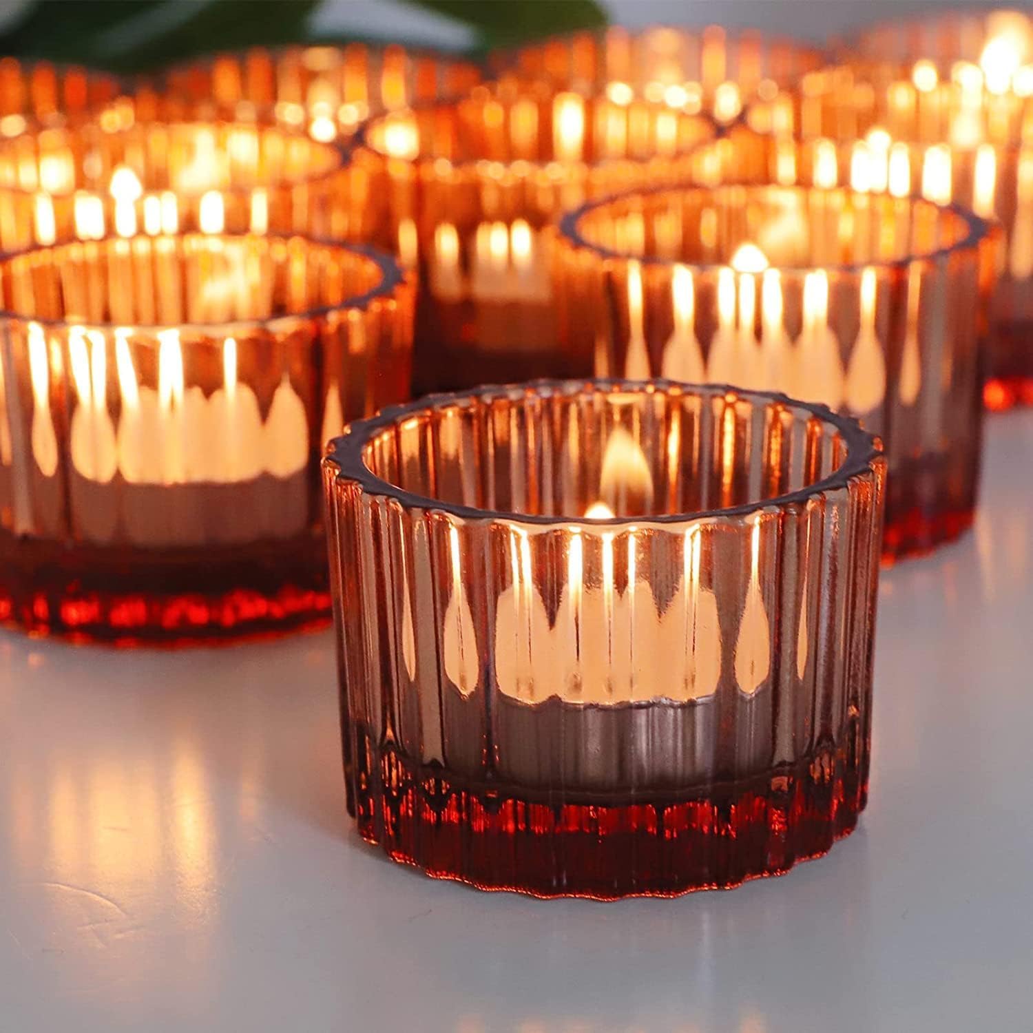 Vohocandle Rose Gold Tea Light Holders set of 12 for Valentines Day, Ribbed Tealight Holders Glass for Wedding, Cute Votive Candle Holder for Room Decor (3.5cmH *5cmW)
