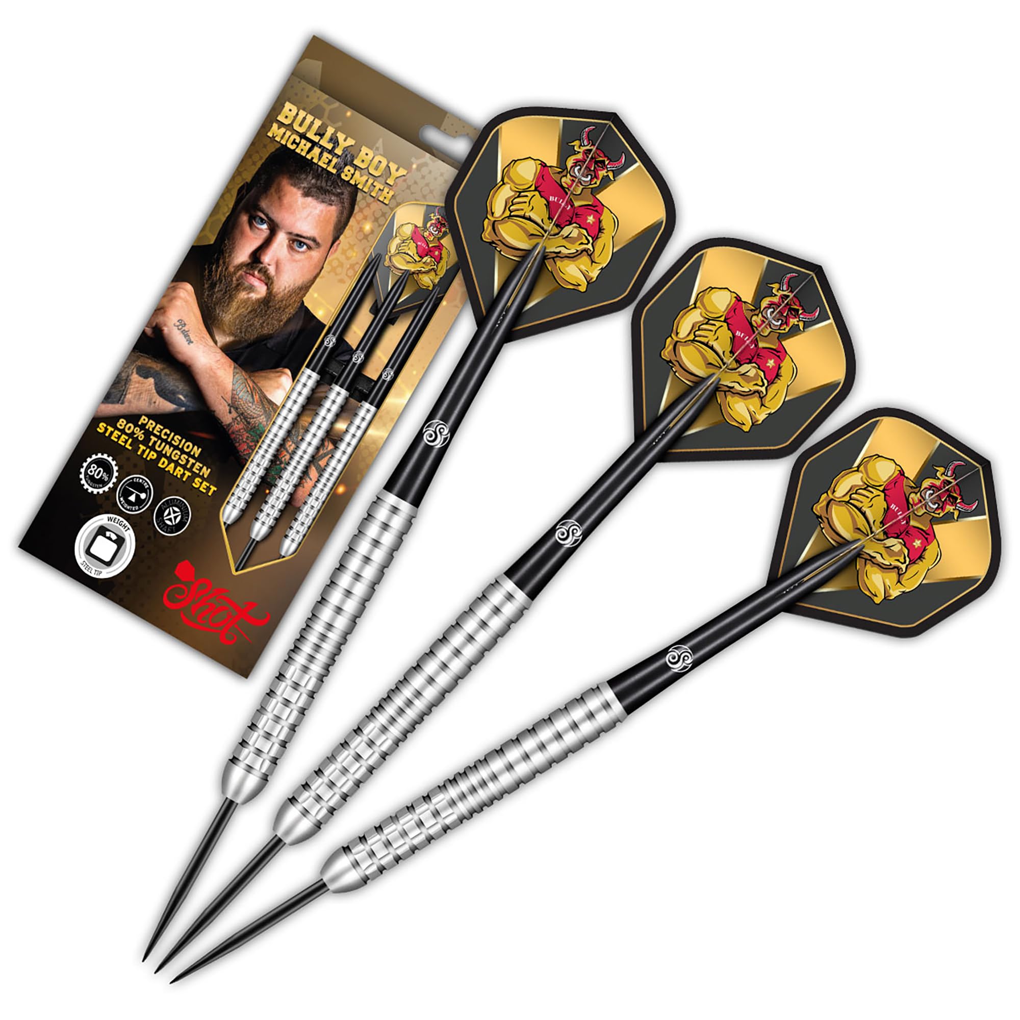 Shot! Darts Michael Smith Bully Boy Precision 80% Tungsten Pro Throwing Darts Steel Tip Set, Professional Designed Dart Flights for Women & Men Metal Tip Bar Darts for Adults