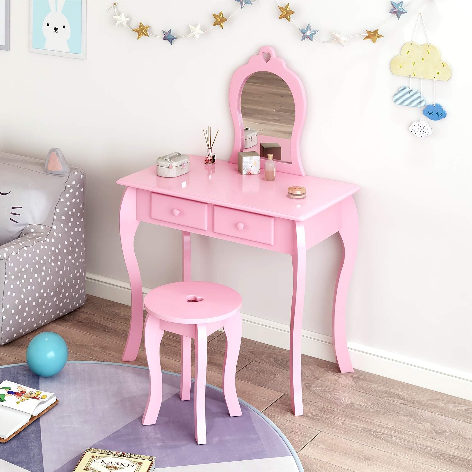 Hadwin Dressing Table and Stool, Girls Vanity Table and Stool Set with