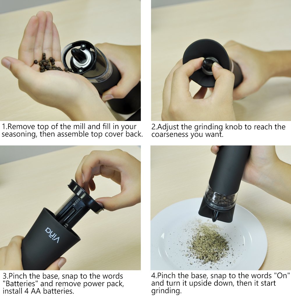 Vina Electric Gravity Salt Pepper Grinder Set, Adjustable Grinding Coarseness Automatic Shaker Mills with Ceramic Core, Free Garlic Roller Included, Pack of 2, Black