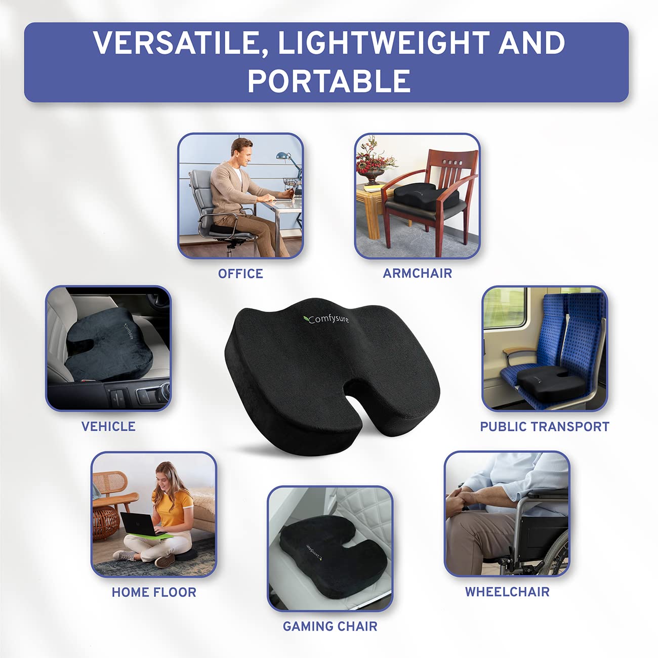 Memory Foam Seat Cushion - Tailbone Pain Relief Cushion, Non-Slip Sciatica Pain Relief Pillow - for Office Chair, Car, Wheelchair, Computer, Desk Chair - Coccyx, Lower Back Support (Black)