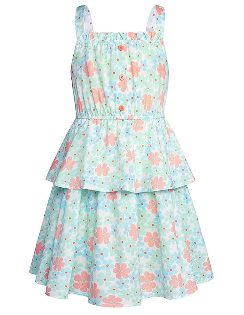 GRACE KARIN Girls Summer Floral Dress Sleeveless Double Layer Hem Sundress Holiday Casual Dress Green 8-10 Years