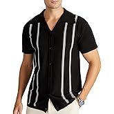 V VALANCH Men's Long/Short Sleeve Knitted Shirts Button Down Vintage Vercital Stripe Camp Collar Polo Shirt