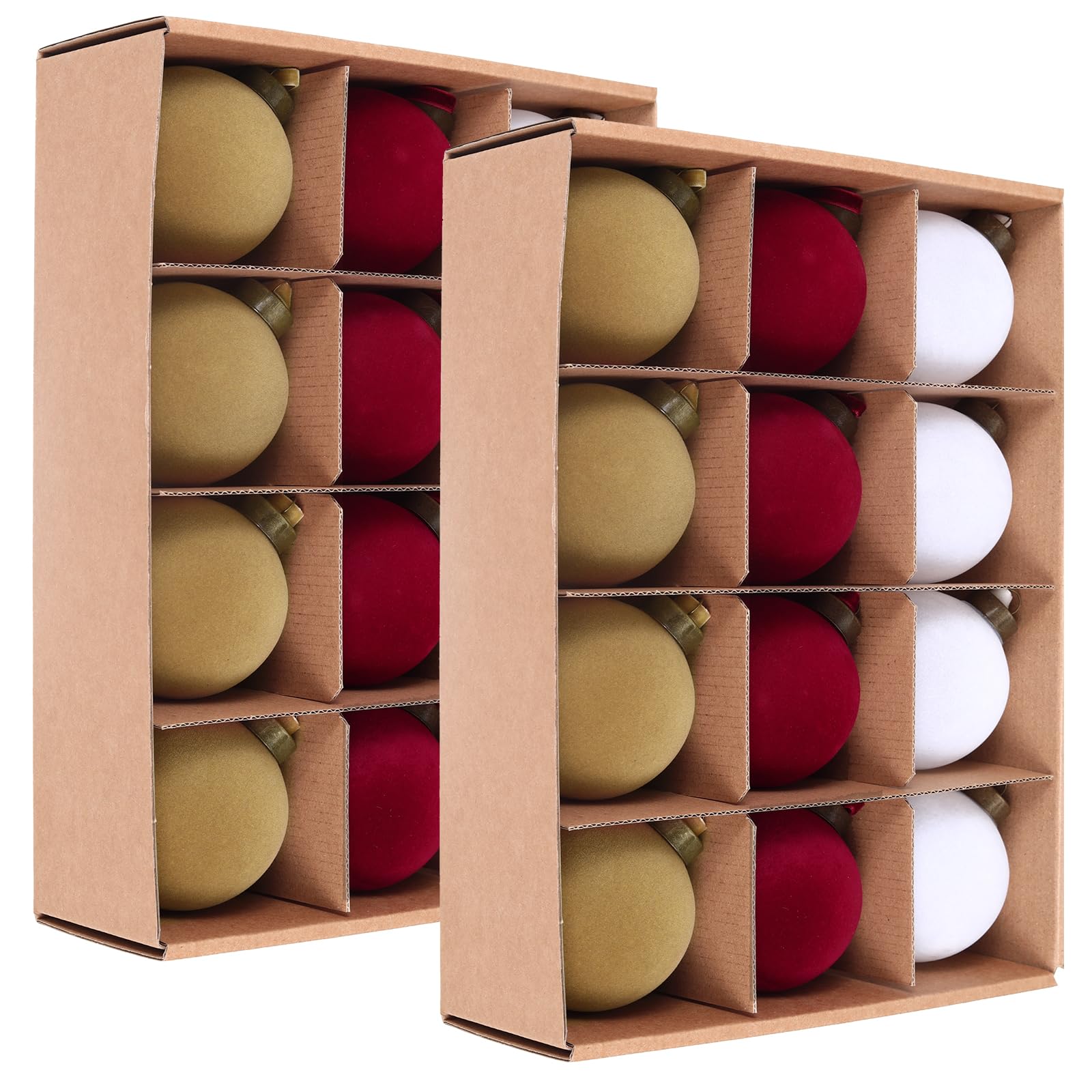 Photo 1 of 24 Pcs Velvet Christmas Balls Bulk Shatterproof Plastic Christmas Tree Decorations for Decorative Hanging Baubles (24, White?Wine red?Khaki, 3.15Inch)