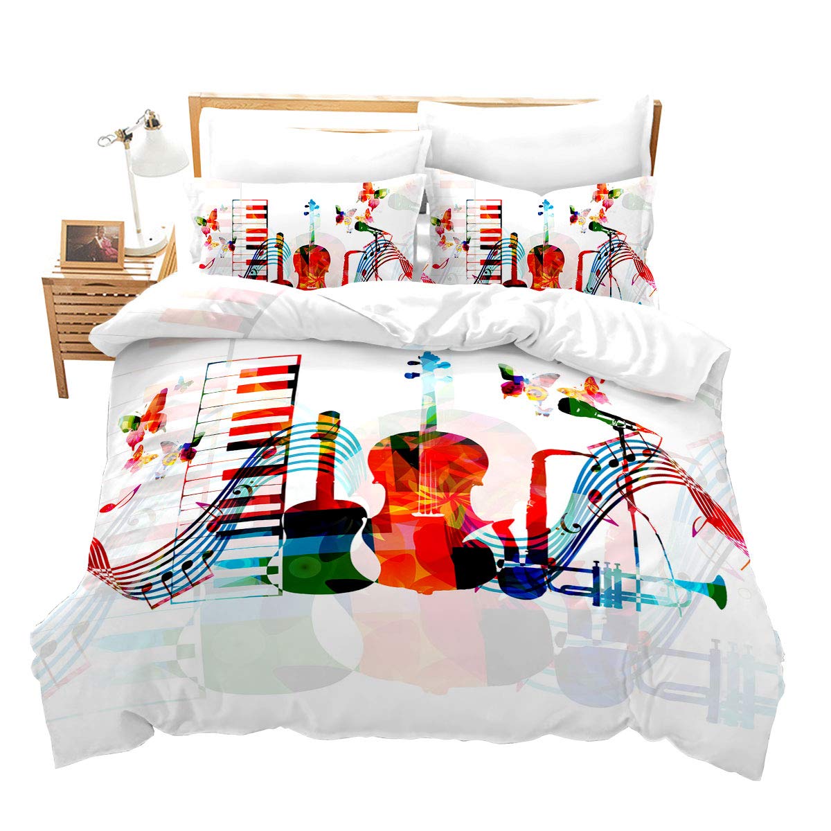 Loussiesd Music Note Rock Bedding Guitar Duvet Cover Single Watercolor Piano Musical Instrument Quilt Cover with Zipper Butterfly Pattern Soft Microfiber Comforter Set for Teens Kids Boys Girls