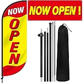 Hahafelt 2 Pcs Now Open Feather Flag Set Include 7 Feet Now Open Theme Tall Advertising Flag Banner with Fiberglass Pole Kit Banner Yard Signs 4 Grommets for Business Grand