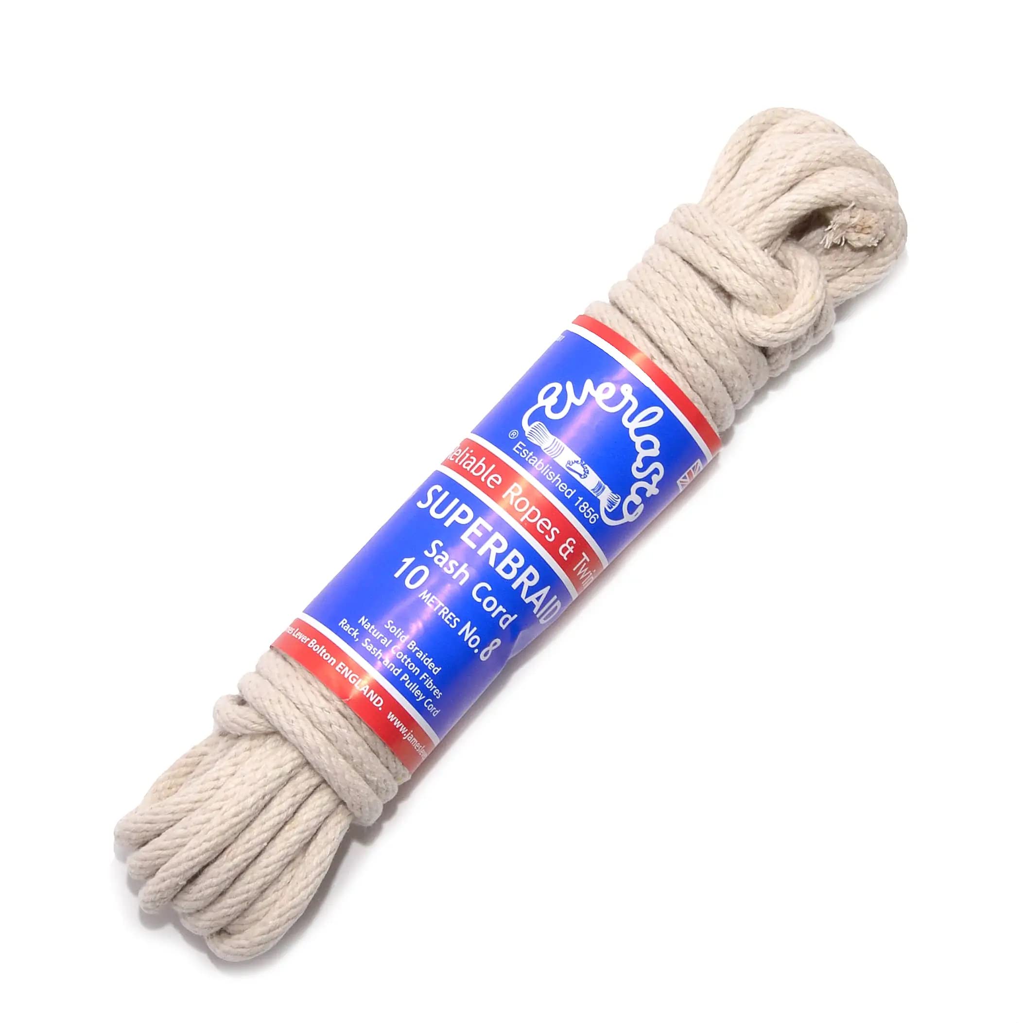 Everlasto UK Made 'Superbraid' Solid Braided Natural Cotton Sash Cord - No.8 (6.5mm) x 10M.