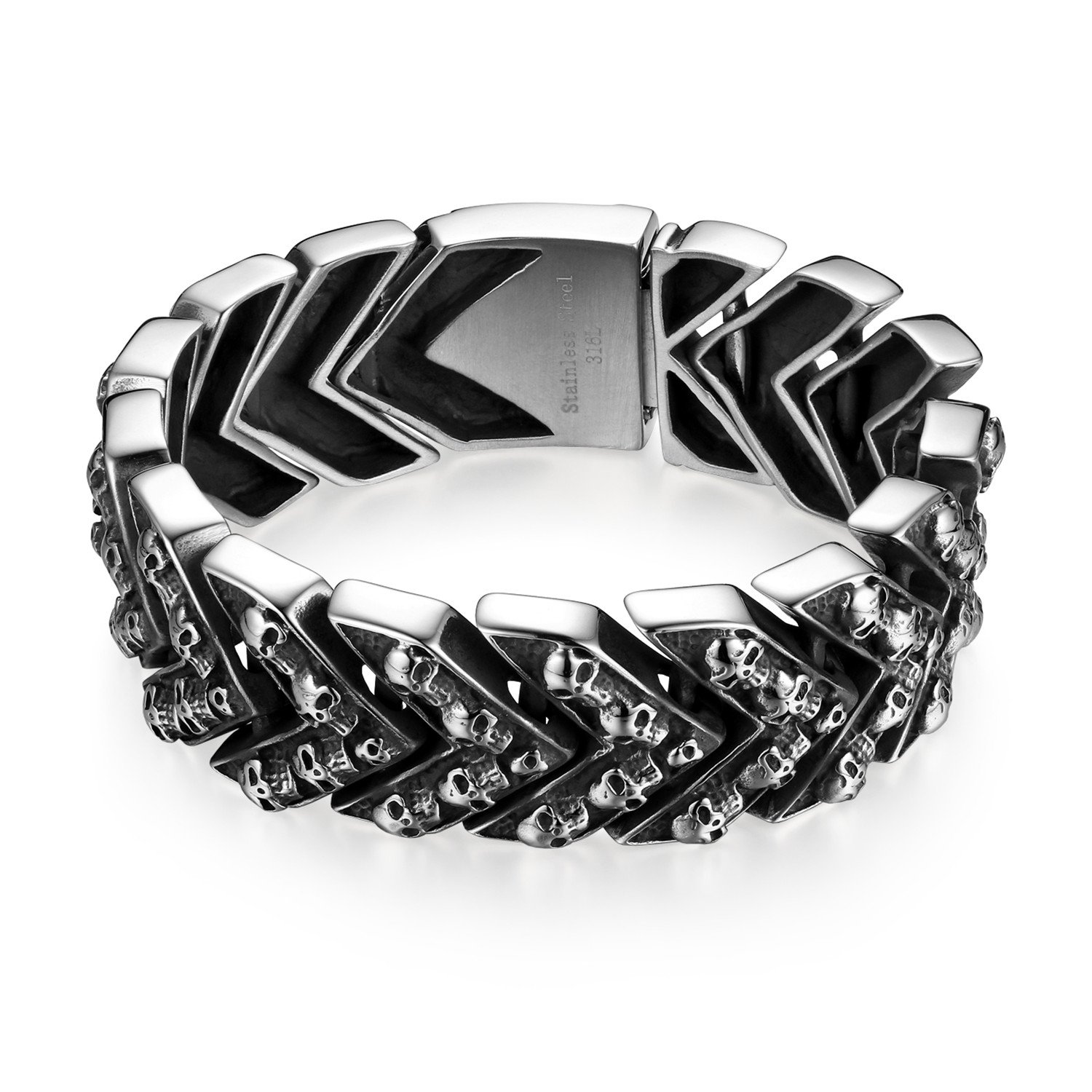 Flongo Grande pulsera de craneo calavera Pulsera de hombre brazalete negro plateado