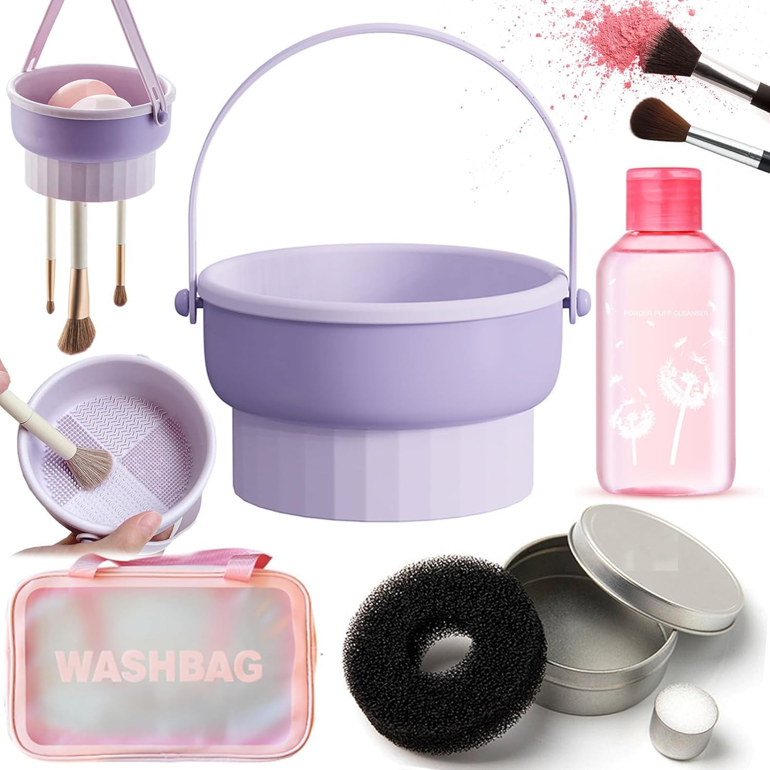 QUKLOGEN 3 in 1 Makeup Brush Cleaning Set Multifunctional Washing Bowl Drying Basket with Handle Silicone Cleaner Mat Removal Cleaner Sponge 150ml/5.12fl.oz Professional Makeup Brush Cleaner