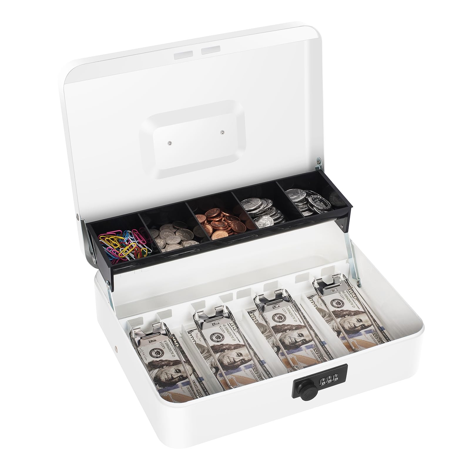 Photo 1 of Cash Box with Money Tray and Combination Lock, Large Money Box for Cash Regiser, Safe Lock Box for Money Saving Metal 11.8"x9.45"x3.54" White XL Large