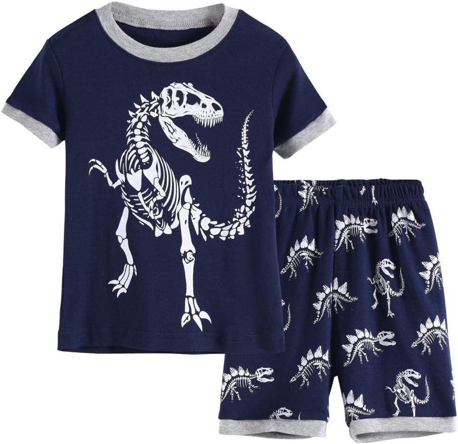 Hsctek Boys' Pajamas Set, Children' Short PJS, Kids' Cotton Sleepwear Clothes(2T, Blue Dinosaur 1)