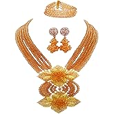 aczuv Fashion African Bead Necklace Nigerian Beads Wedding Jewelry Sets for Women (Champagne Gold)