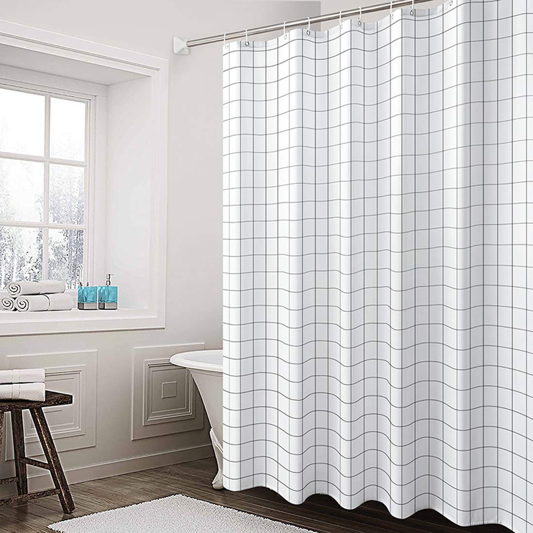 Aisaving Shower Curtain Polyester Fabric Bathroom Curtains Mould proof Water Resistant Shower Curtains with Plastic Curtain Rings and Heavy Weighted Hem, 180x180cm(White Grid)