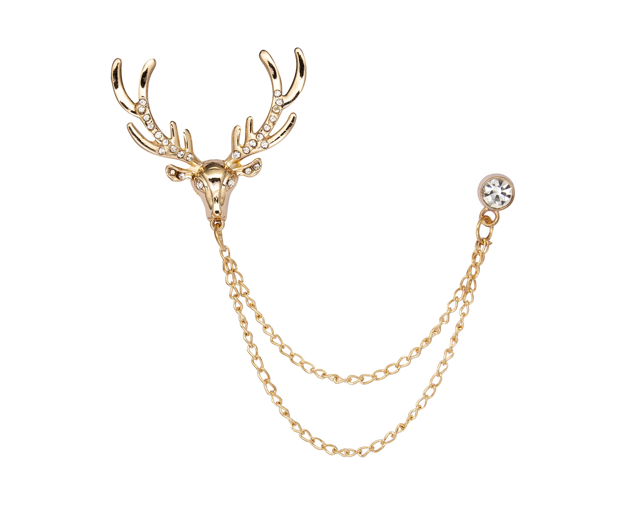Brooch Lapel Pin for Men Golden Crystal Detailing Reindeer Head with Hanging Chain Metal Lapel Pin Badge Coat Suit Wedding Gift Party Shirt Collar Accessories