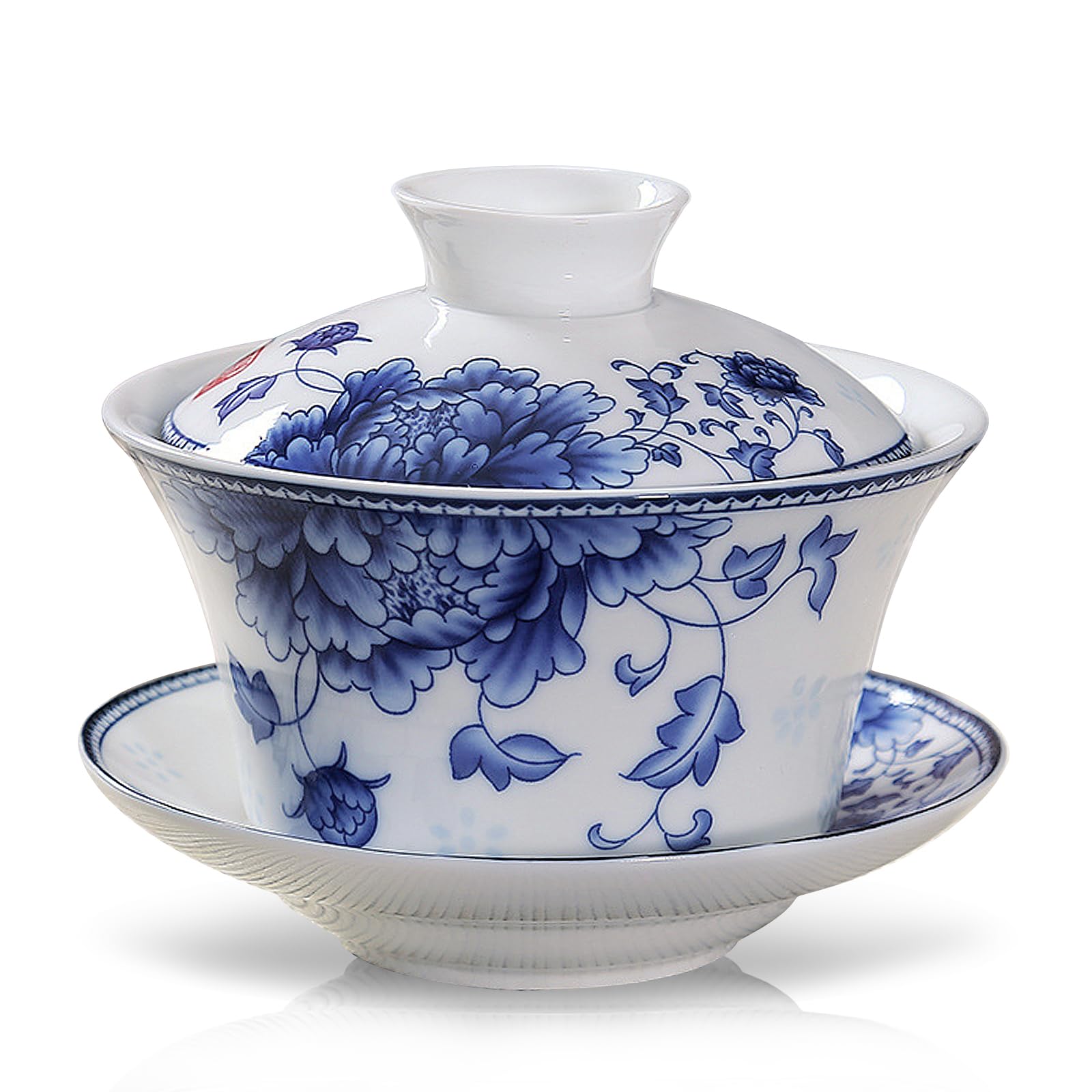 fanquare Blue and White Gaiwan Peony Floral Porcelain Chinese Traditional Sancai Tea Bowl with Lid Vintage Tea Cup Saucer Cover Set 220ML