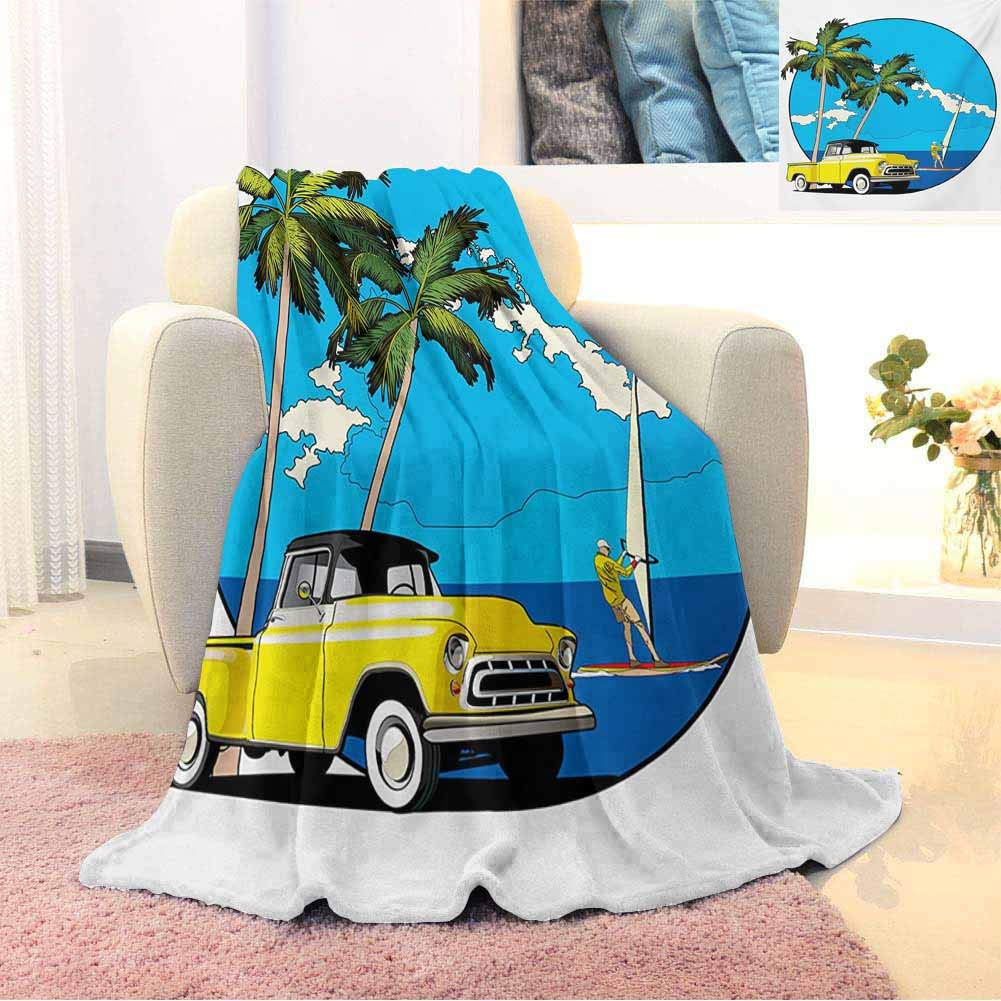 GGACEN Retro Luxury Special Grade Blanket Graphic Design Nostalgic Chevy Car and a Sailer Guy in The Ocean Palms Vivid Sky Seaside Multi-Purpose use for Sofas etc. W70 x L90 Inch Multi