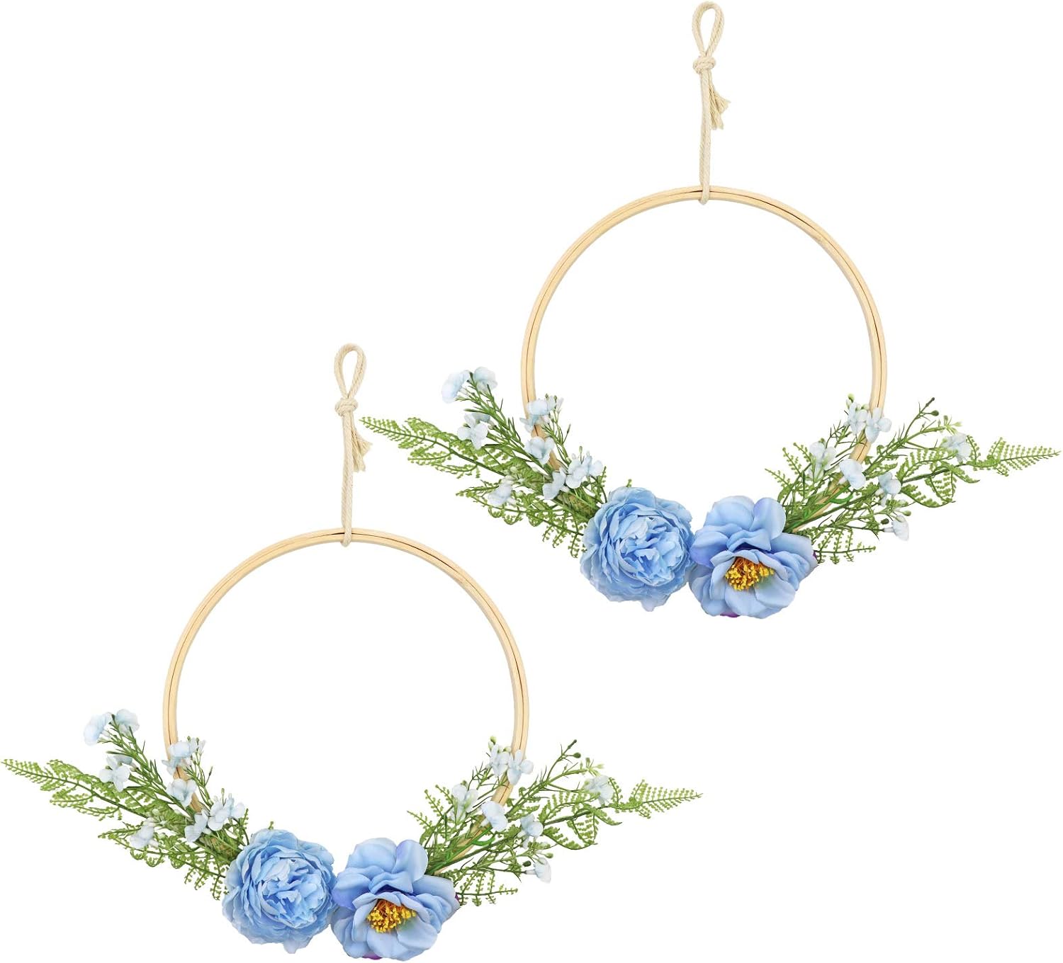 LSME Peony Floral Wooden Hoop Wreath Set of 2 Blue with Silk Fern Plant Greenery Leaves for Home Wedding Arch Backdrop Wall Hanging Decoration