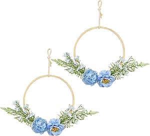 LSME Peony Floral Wooden Hoop Wreath Set of 2 Blue with Silk Fern Plant Greenery Leaves for Home Wedding Arch Backdrop Wall Hanging Decoration