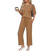 Ekouaer Pajamas for Women Ribbed Knit Lounge Set Short Sleeve Loungewear 2 Piece Outfits Pants Sets S-XXL